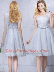 Pretty Grey Tulle Lace Up Scoop Sleeveless Knee Length Quinceanera Court of Honor Dress Lace and Appliques and Belt