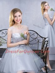 Pretty Grey Tulle Lace Up Scoop Sleeveless Knee Length Quinceanera Court of Honor Dress Lace and Appliques and Belt