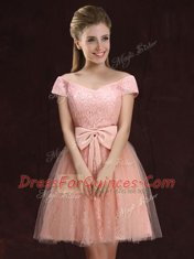 Hot Sale Peach Lace Up Off The Shoulder Lace and Bowknot Dama Dress Tulle and Lace Short Sleeves