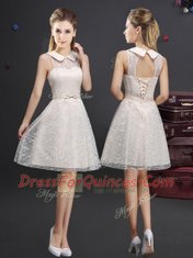 Off the Shoulder Lace Sleeveless Knee Length Dama Dress for Quinceanera and Lace and Appliques