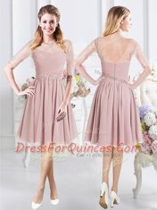 Scoop Pink Half Sleeves Lace and Ruching Knee Length Quinceanera Court of Honor Dress