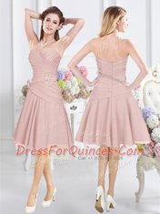 Scoop Pink Half Sleeves Lace and Ruching Knee Length Quinceanera Court of Honor Dress