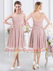 Scoop Pink Half Sleeves Lace and Ruching Knee Length Quinceanera Court of Honor Dress