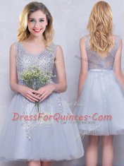 Romantic Tulle Scoop Sleeveless Zipper Beading and Appliques Damas Dress in Grey