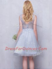 Romantic Tulle Scoop Sleeveless Zipper Beading and Appliques Damas Dress in Grey