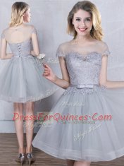 Cheap Scoop Short Sleeves Mini Length Lace Up Quinceanera Court Dresses Grey for Prom and Party and Wedding Party with Appliques and Belt