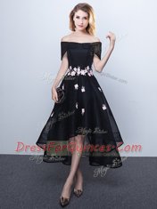 Latest Off the Shoulder High Low A-line Sleeveless Black and Red and Grey Dama Dress for Quinceanera Lace Up