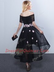 Latest Off the Shoulder High Low A-line Sleeveless Black and Red and Grey Dama Dress for Quinceanera Lace Up