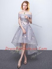 Latest Off the Shoulder High Low A-line Sleeveless Black and Red and Grey Dama Dress for Quinceanera Lace Up