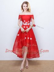 Latest Off the Shoulder High Low A-line Sleeveless Black and Red and Grey Dama Dress for Quinceanera Lace Up