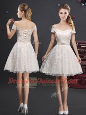 Elegant Off the Shoulder Sleeveless Lace Knee Length Lace Up Damas Dress in Champagne with Lace and Appliques