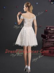 Elegant Off the Shoulder Sleeveless Lace Knee Length Lace Up Damas Dress in Champagne with Lace and Appliques