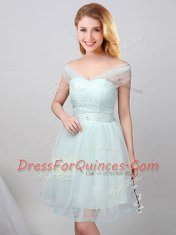 Admirable Off the Shoulder Short Sleeves Mini Length Lace Up Court Dresses for Sweet 16 Apple Green for Prom and Party and Wedding Party with Lace and Appliques and Belt