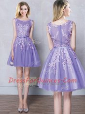 Fabulous Scoop Sleeveless Tulle Quinceanera Court of Honor Dress Appliques and Belt Zipper