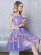 Fabulous Scoop Sleeveless Tulle Quinceanera Court of Honor Dress Appliques and Belt Zipper