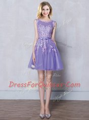Fabulous Scoop Sleeveless Tulle Quinceanera Court of Honor Dress Appliques and Belt Zipper