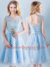 Light Blue Damas Dress Prom and Party and Wedding Party and For with Appliques and Bowknot Scoop Short Sleeves Lace Up