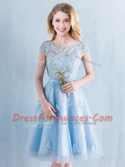 Light Blue Damas Dress Prom and Party and Wedding Party and For with Appliques and Bowknot Scoop Short Sleeves Lace Up
