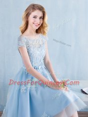 Light Blue Damas Dress Prom and Party and Wedding Party and For with Appliques and Bowknot Scoop Short Sleeves Lace Up