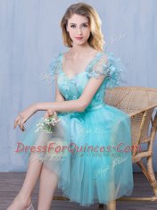 Beauteous Lace and Appliques and Bowknot Damas Dress Aqua Blue Lace Up Short Sleeves Knee Length