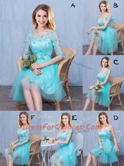 Beauteous Lace and Appliques and Bowknot Damas Dress Aqua Blue Lace Up Short Sleeves Knee Length