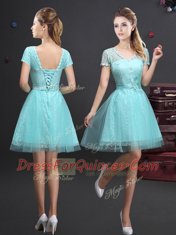 Short Sleeves Mini Length Lace Up Quinceanera Court of Honor Dress Aqua Blue for Prom and Party with Lace and Appliques and Belt