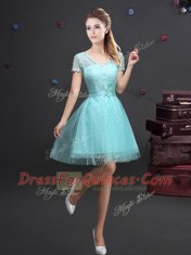 Short Sleeves Mini Length Lace Up Quinceanera Court of Honor Dress Aqua Blue for Prom and Party with Lace and Appliques and Belt