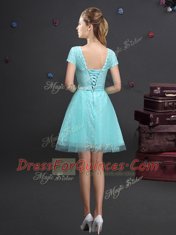 Short Sleeves Mini Length Lace Up Quinceanera Court of Honor Dress Aqua Blue for Prom and Party with Lace and Appliques and Belt