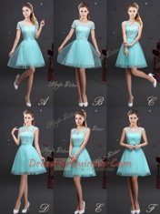 Short Sleeves Mini Length Lace Up Quinceanera Court of Honor Dress Aqua Blue for Prom and Party with Lace and Appliques and Belt