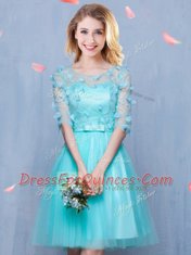 Scoop Aqua Blue Empire Lace and Appliques and Bowknot Quinceanera Dama Dress Lace Up Tulle Half Sleeves Knee Length