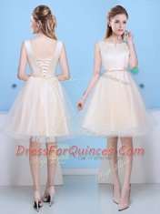 Glamorous Champagne A-line Tulle Scoop Sleeveless Bowknot Knee Length Lace Up Court Dresses for Sweet 16