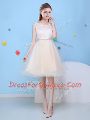 Glamorous Champagne A-line Tulle Scoop Sleeveless Bowknot Knee Length Lace Up Court Dresses for Sweet 16