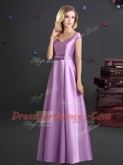 Elegant Off the Shoulder Cap Sleeves Elastic Woven Satin Floor Length Zipper Vestidos de Damas in Lilac with Bowknot