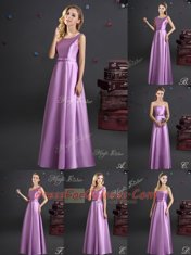 Elegant Off the Shoulder Cap Sleeves Elastic Woven Satin Floor Length Zipper Vestidos de Damas in Lilac with Bowknot