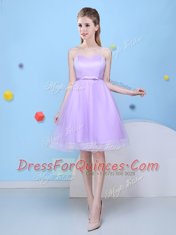 Elegant Lavender Lace Up Court Dresses for Sweet 16 Bowknot Sleeveless Knee Length