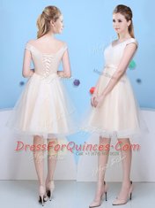 Wonderful Bowknot Quinceanera Court Dresses Champagne Lace Up Sleeveless Knee Length