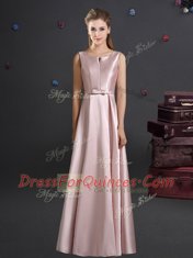 Simple Straps Sleeveless Floor Length Bowknot Zipper Dama Dress with Pink