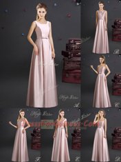 Simple Straps Sleeveless Floor Length Bowknot Zipper Dama Dress with Pink