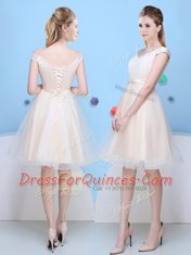Modest Tulle Cap Sleeves Knee Length Quinceanera Court Dresses and Bowknot