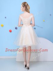 Modest Tulle Cap Sleeves Knee Length Quinceanera Court Dresses and Bowknot