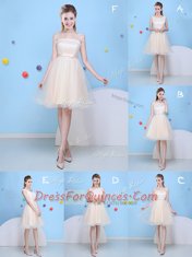 Modest Tulle Cap Sleeves Knee Length Quinceanera Court Dresses and Bowknot