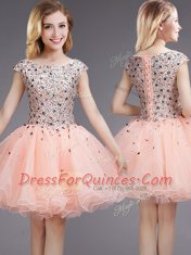 Custom Design Beading and Sequins Dama Dress Pink Lace Up Cap Sleeves Mini Length