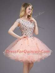 Custom Design Beading and Sequins Dama Dress Pink Lace Up Cap Sleeves Mini Length