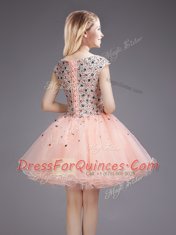 Custom Design Beading and Sequins Dama Dress Pink Lace Up Cap Sleeves Mini Length