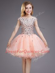 Custom Design Beading and Sequins Dama Dress Pink Lace Up Cap Sleeves Mini Length