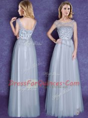 Custom Design Scoop Grey Cap Sleeves Tulle Lace Up Damas Dress for Prom and Party and Wedding Party