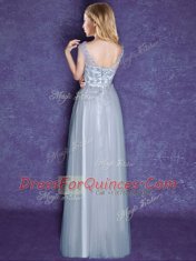 Custom Design Scoop Grey Cap Sleeves Tulle Lace Up Damas Dress for Prom and Party and Wedding Party