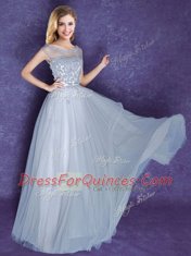 Custom Design Scoop Grey Cap Sleeves Tulle Lace Up Damas Dress for Prom and Party and Wedding Party