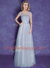 Custom Design Scoop Grey Cap Sleeves Tulle Lace Up Damas Dress for Prom and Party and Wedding Party