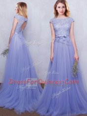 Clearance Scoop Backless Lavender Cap Sleeves Brush Train Lace and Belt With Train Damas Dress